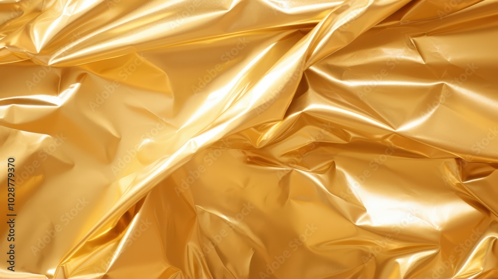 Abstract crinkled gold foil texture, shiny surface folds create a luxurious and vibrant background Abstract crinkled gold foil texture, shiny surface folds create a luxurious and vibrant background