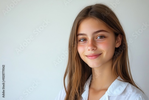 Vaccinated teenage girl smiling at the camera on a white background, Generative AI