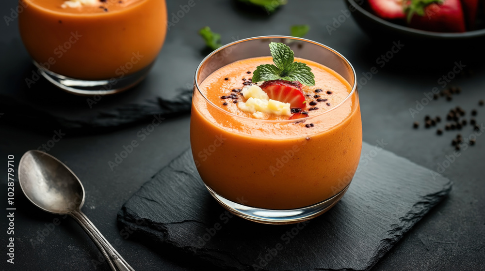 Glass of creamy red soup garnished with cheese, strawberry slice, and mint on a slate serving board with a spoon beside it. Glass of creamy red soup garnished with cheese, strawberry slice, and mint on a slate serving board with a spoon beside it.