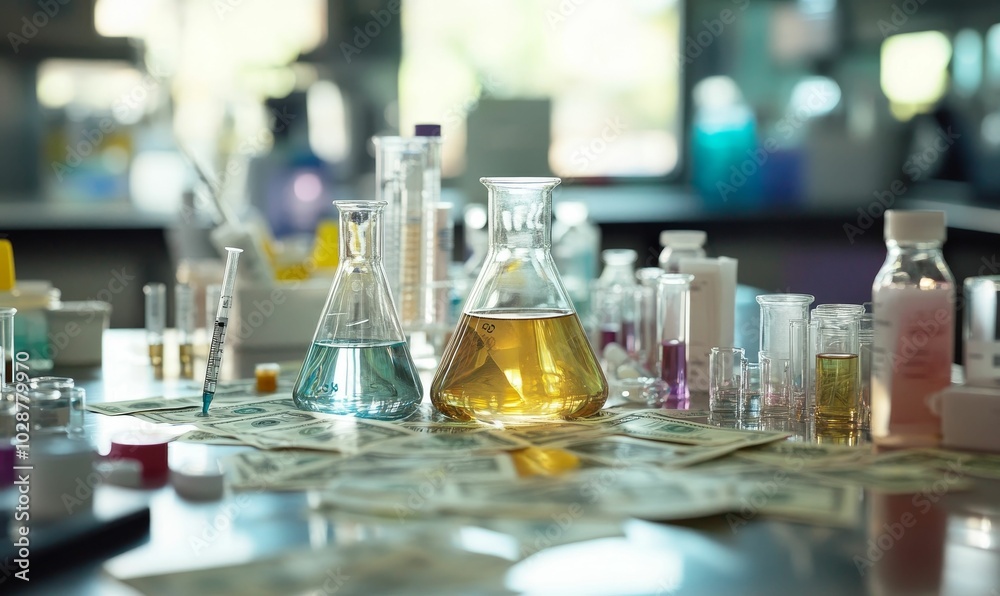 Laboratory beakers and US dollar bills. Laboratory beakers and US dollar bills.