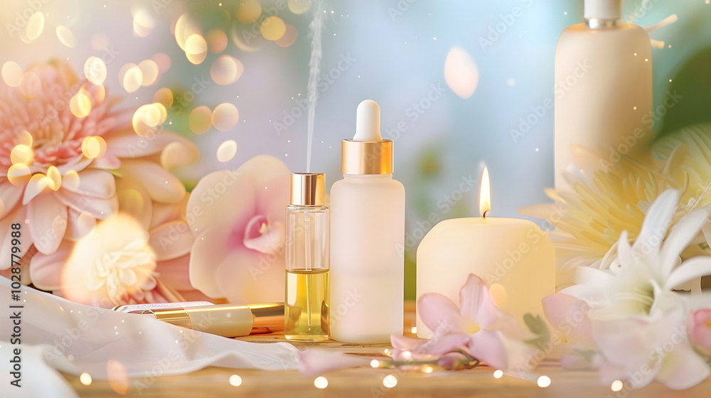 Aromatherapy Harmony: A serene and elegant composition featuring a diffuser, essential oil, candle, and delicate flowers, bathed in warm, golden light. The scene evokes a sense of tranquility. Aromatherapy Harmony: A serene and elegant composition featuring a diffuser, essential oil, candle, and delicate flowers, bathed in warm, golden light. The scene evokes a sense of tranquility.