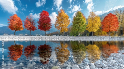 A row of red, orange, green, colorful trees standing on white pebbles, reflected in clear water, blue sky and white clouds.