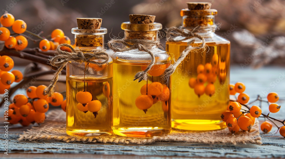 Illustration of glass bottles filled with golden yellow sea buckthorn oil, each with cork stoppers and tied with twine, background with a branch with bright orange sea buckthorn berries. Illustration of glass bottles filled with golden yellow sea buckthorn oil, each with cork stoppers and tied with twine, background with a branch with bright orange sea buckthorn berries.