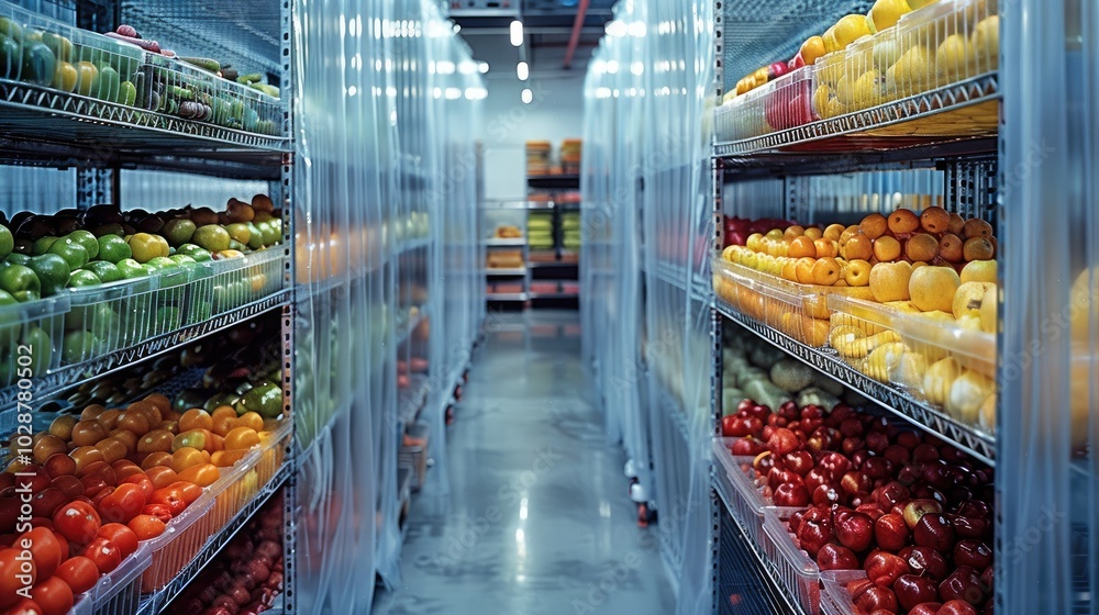 Fototapeta premium A cold storage curtain. set in a professional fruit processing facility. Shelves in the background with display various colorful frozen fruits.