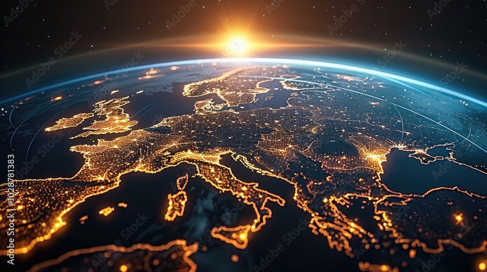 Obraz premium A night-time view of the Earth from space, with major cities glowing brightly. Thin digital lines link these cities, symbolizing the global digital network that never sleeps.