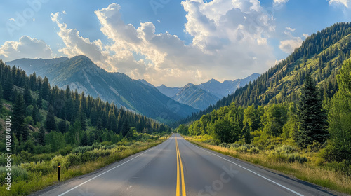 "Summer landscape of the scenic Big Cottonwood Canyon road, featuring lush greenery and breathtaking mountain views."