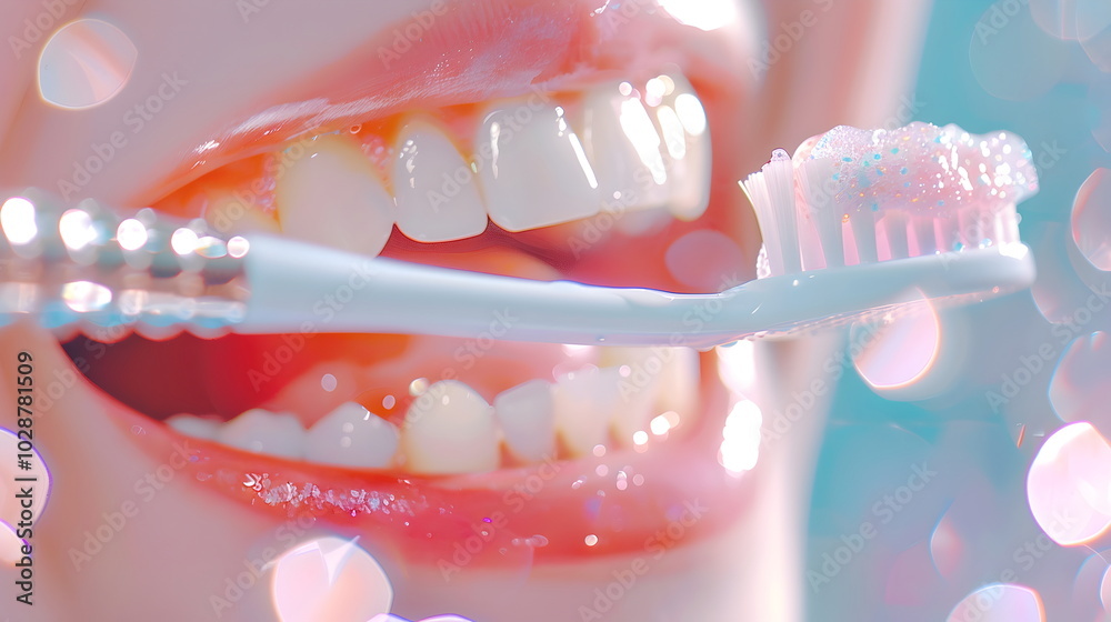 Obraz premium Radiant Smile: Close-up of a woman brushing her teeth with a pink toothbrush, showcasing healthy, bright teeth and fresh breath. A perfect image for dental care, oral hygiene, and beauty products.