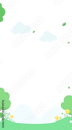 Simple green background with grass, hills, trees, clouds and leaves.