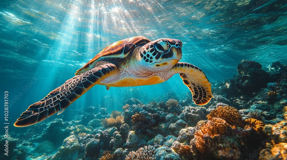 Obraz premium Sea turtle swimming through an underwater coral canyon 