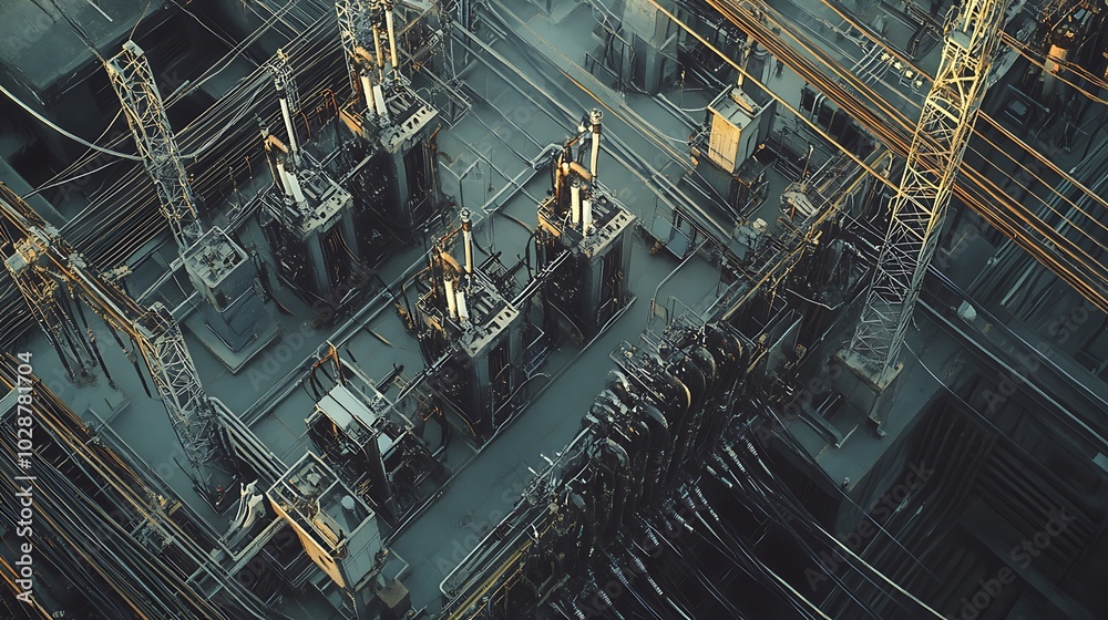 An aerial view of an industrial complex with many large machines and pipes. An aerial view of an industrial complex with many large machines and pipes.