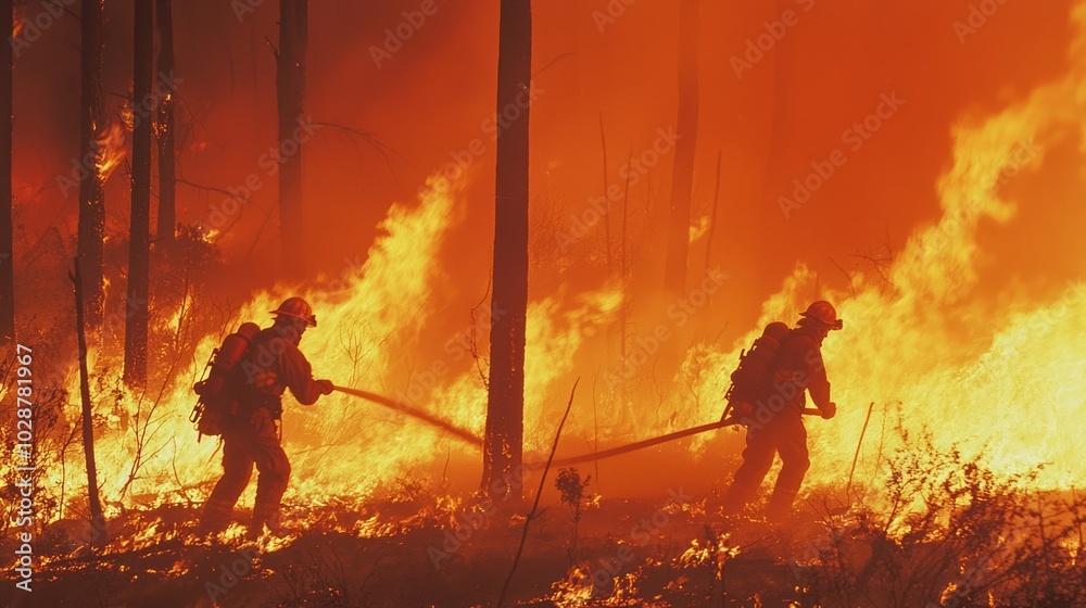 Fototapeta premium Devastating Wildfire Ravaging Forest - Climate Change Emergency Response Concept with Firefighters, Intense Flames, and Smoke Plumes. Ultra-Detailed, Cinematic Light.