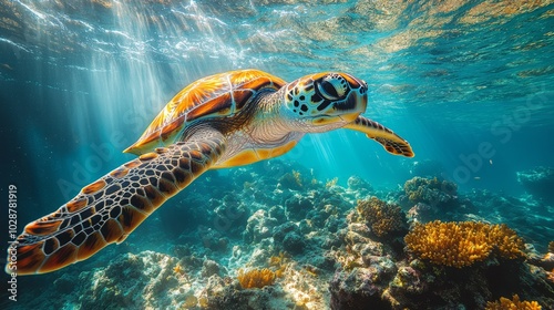 Sea turtle swimming through an underwater coral canyon 