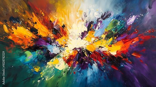 Abstract painting with vibrant colors and dynamic brushstrokes, creating an explosion of energy and movement.