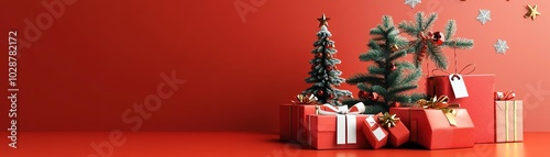 Festive Christmas scene with red gift boxes and decorated trees on a vibrant red background, capturing the holiday spirit and joy of giving.