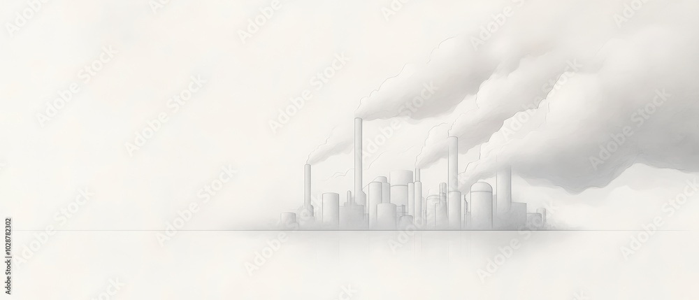 A minimalist illustration of an industrial skyline. The scene depicts a series of smokestacks and industrial buildings emitting plumes of smoke. Generative AI A minimalist illustration of an industrial skyline. The scene depicts a series of smokestacks and industrial buildings emitting plumes of smoke. Generative AI