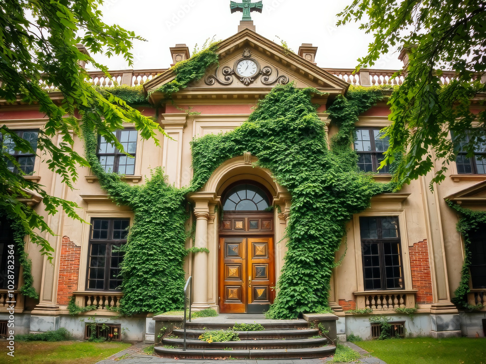 A large brown building with ivy growing up the side. The ivy is green and covers the entire building A large brown building with ivy growing up the side. The ivy is green and covers the entire building