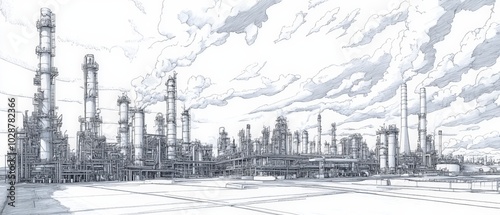 A detailed pencil or pen sketch of an industrial landscape, specifically a petrochemical plant. The scene is dominated by a complex network of towers, pipes, and smokestacks. Generative AI