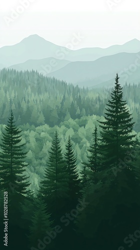 Tranquil forest landscape with rolling hills and a hazy sky in the distance.