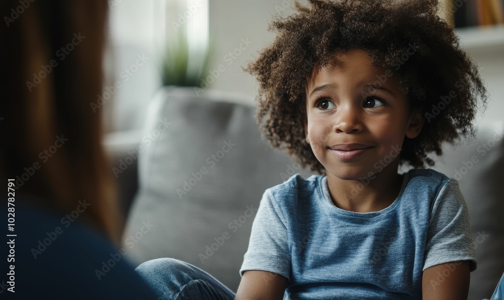 Fototapeta premium Smiling boy with curly hair looking away.