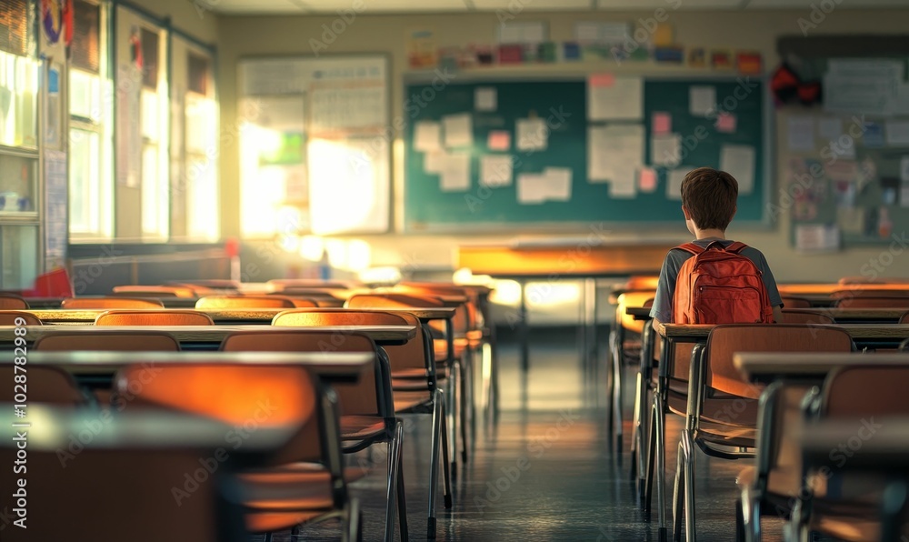 Student in a classroom with desks and chairs. Student in a classroom with desks and chairs.