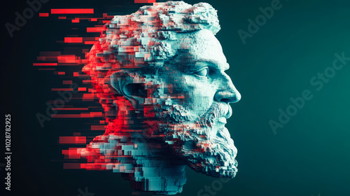 A modern sculpture fragmented into pixels, contrasting traditional artistic form with contemporary digital abstraction. photo
