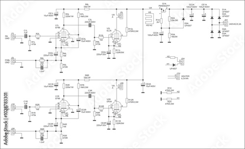Schematic diagram of electronic device on paper sheet. Vector drawing electrical circuit with 
tube amplifier (lamp), diode, capacitor, resistor, transistor,  connector, other components.