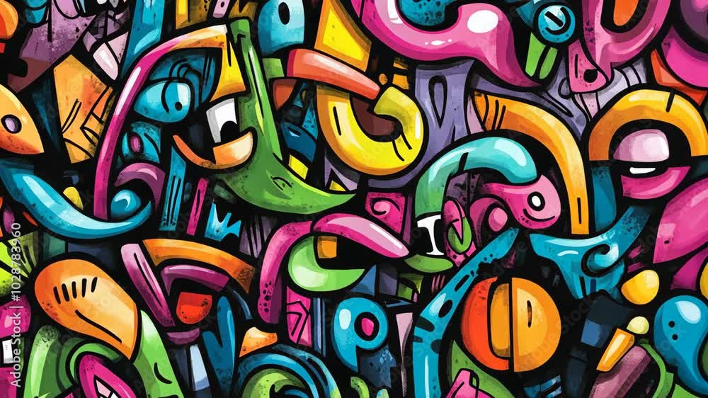 A vibrant, abstract graffiti pattern featuring colorful shapes, lines, and eyes A vibrant, abstract graffiti pattern featuring colorful shapes, lines, and eyes