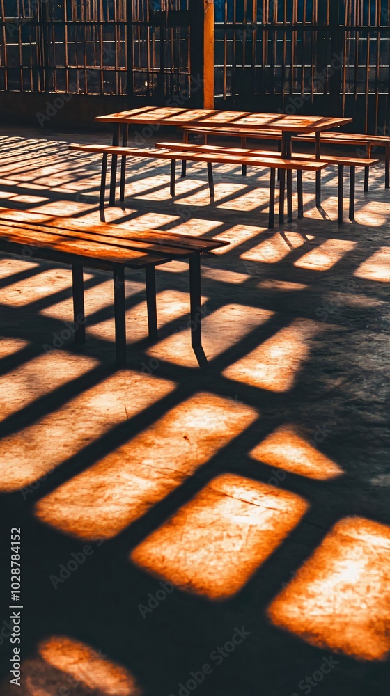 Wooden benches and tables in a room with sunlight shining through a window casting shadows on the floor. Wooden benches and tables in a room with sunlight shining through a window casting shadows on the floor.