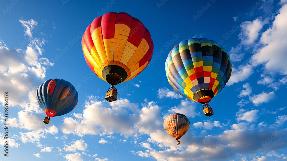 Obraz premium Colorful hot air balloons float gracefully in bright blue sky filled with fluffy clouds, creating vibrant and joyful scene