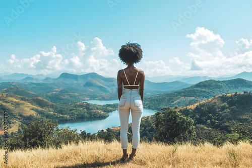 A black woman stands on a hillside, gazing at a stunning landscape with mountains and a calm lake under a bright blue sky