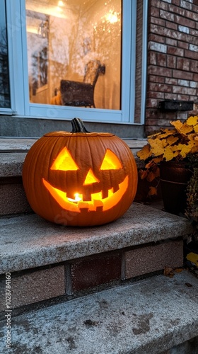 Glowing jack-o'-lantern on doorstep with warm window light behind, creating a cozy autumn ambiance. Fall leaves add seasonal charm to Halloween scene.