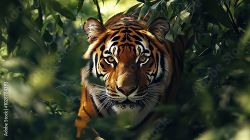 A majestic tiger peeks through lush green foliage in a dense forest setting during daylight hours