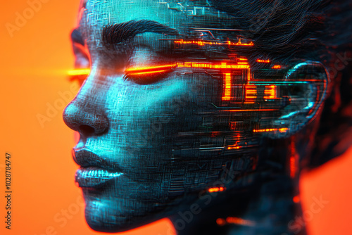 Close-up of a woman's face with neon and circuit motifs, creating a futuristic and technological appearance.