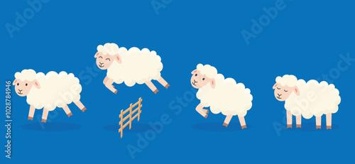 Counting sheep for night sleep. Insomnia. Jumping sheep for  happy dream cartoon vector illustration.