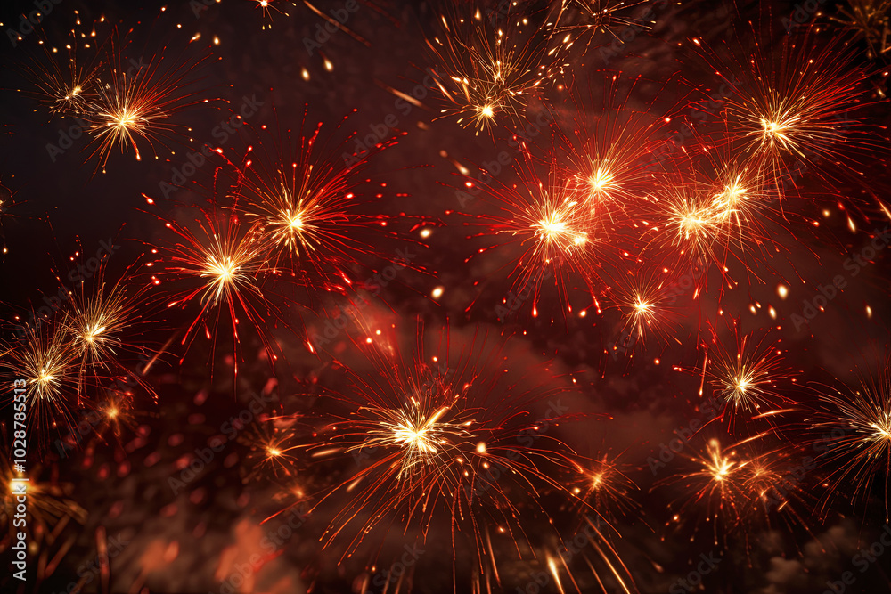 Naklejka premium Red Fireworks in the Night Sky