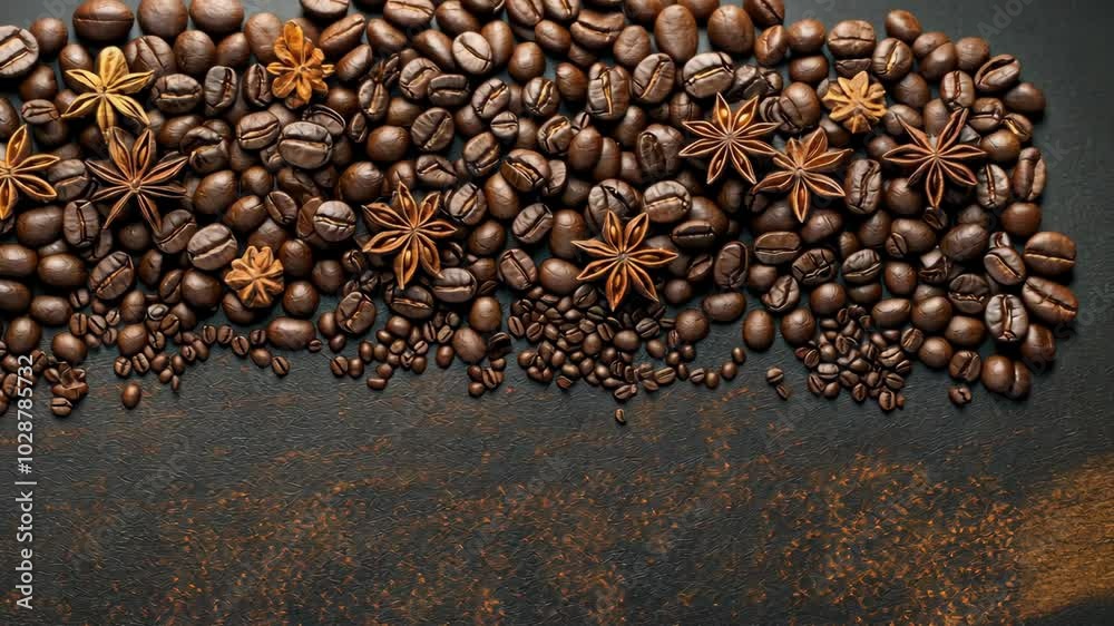 Coffee beans and star anise are arranged on a dark surface, creating a beautiful and fragrant display Coffee beans and star anise are arranged on a dark surface, creating a beautiful and fragrant display
