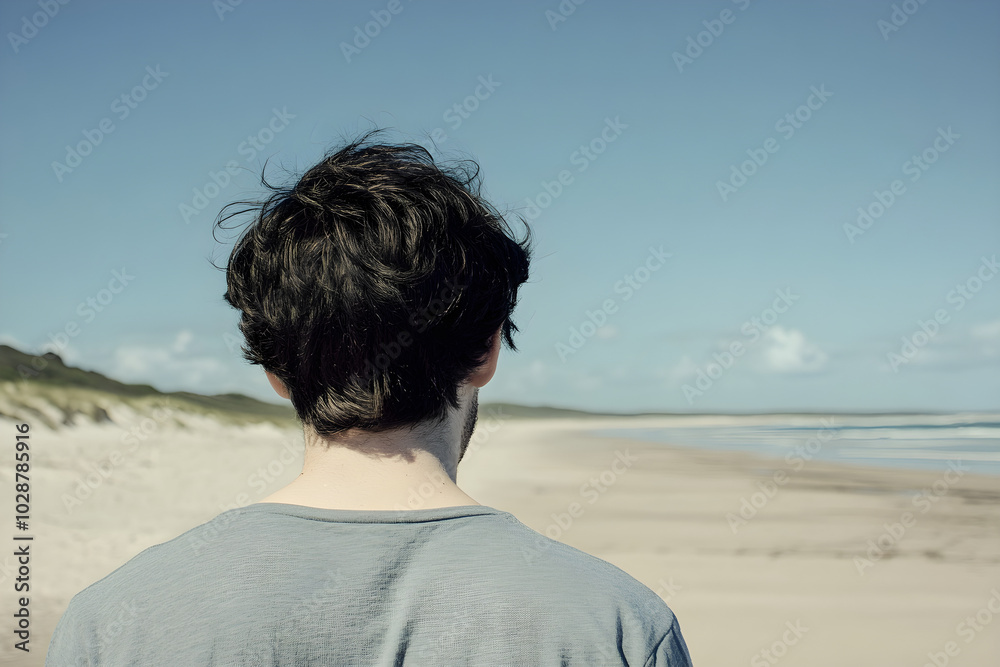 A young man gazes at a tranquil beach, contemplating the serene landscape and the gentle waves in the distance A young man gazes at a tranquil beach, contemplating the serene landscape and the gentle waves in the distance