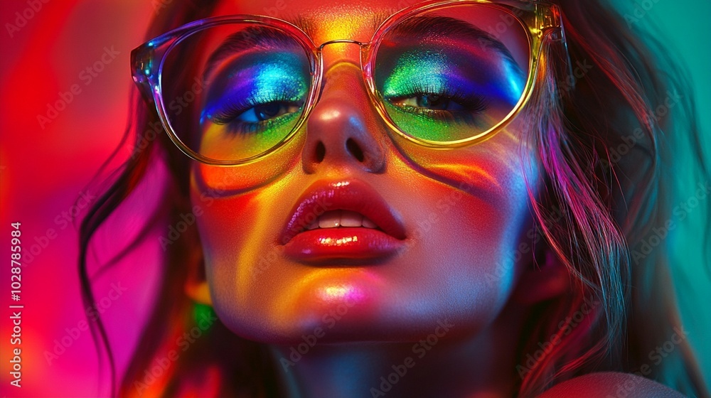 Vibrant close-up portrait of a woman wearing reflective sunglasses, her lips painted bright red, surrounded by a kaleidoscope of neon colors and light effects. Vibrant close-up portrait of a woman wearing reflective sunglasses, her lips painted bright red, surrounded by a kaleidoscope of neon colors and light effects.