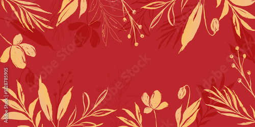 Japanese background with blooming grunge flowers and branches. Floral design in red and gold tones, complemented by botanical grunge leaves. A perfect decorative design for cards, posters, and