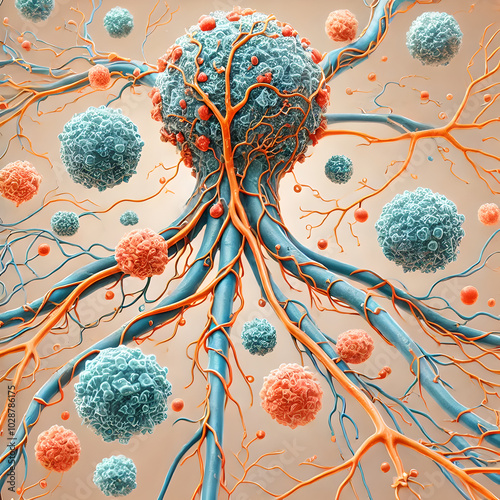 Cancer cells spread through lymphatic system, using lymph nodes as pathways to other parts of body. cancer cells traveling from primary tumor through lymphatic vessels to nearby lymph nodes. photo