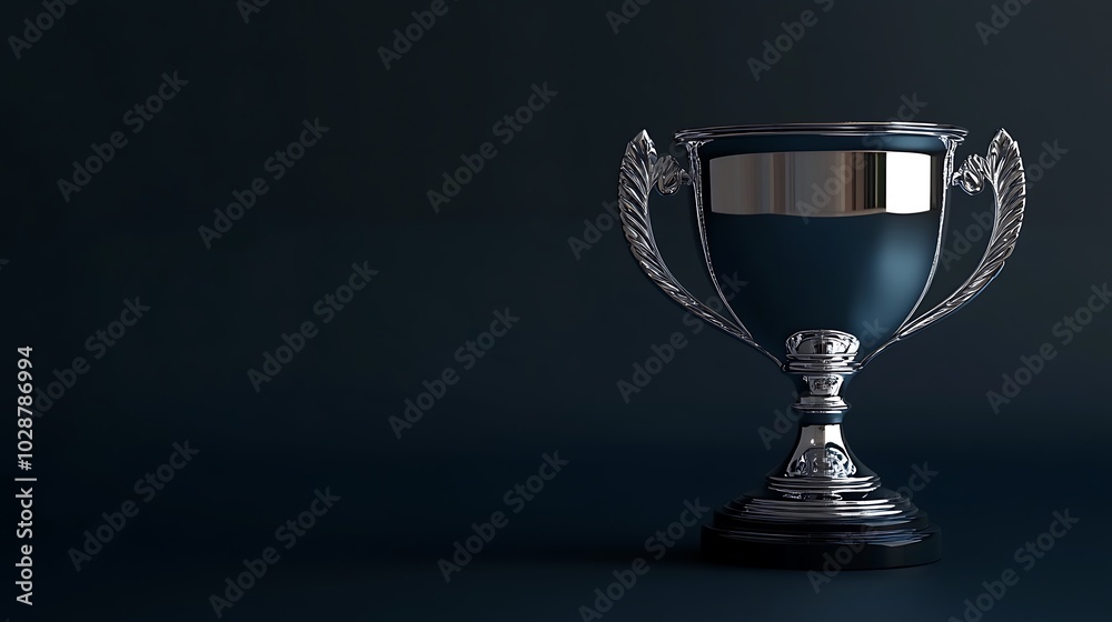 Silver trophy cup with a blank plate on a dark background.