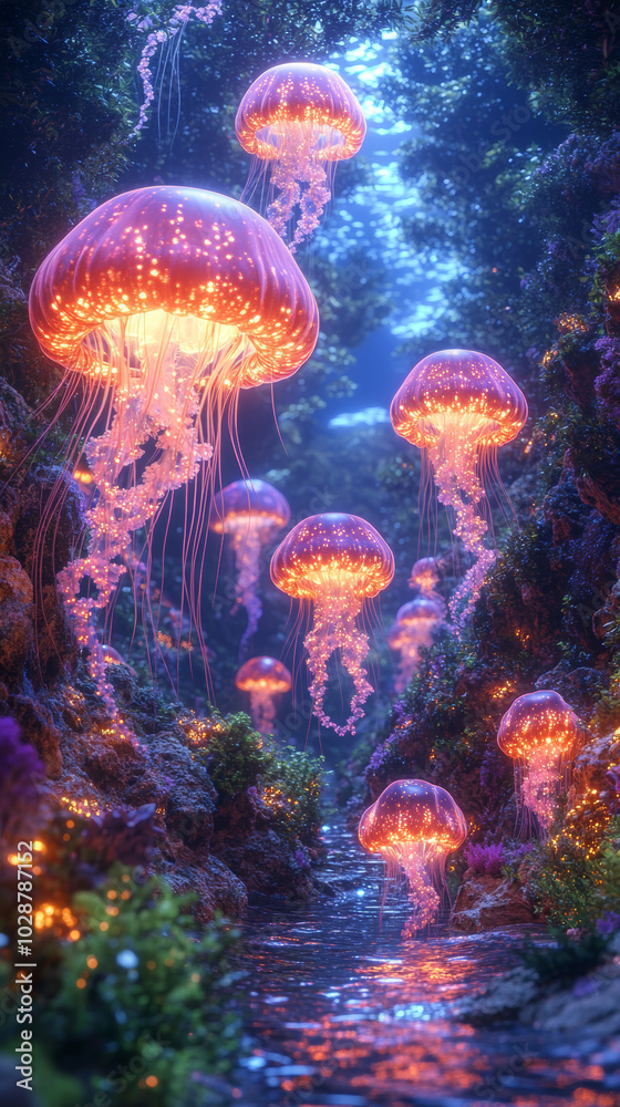 Mystical Coral Forest Underwater with Glowing Jellyfish and Ambient Light Mystical Coral Forest Underwater with Glowing Jellyfish and Ambient Light