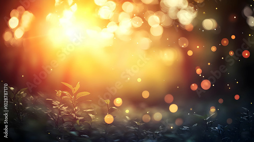 A warm, glowing scene with soft bokeh lights and greenery.