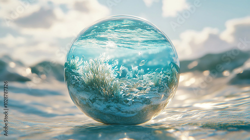 A floating glass orb filled with a miniature ocean