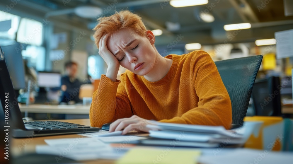 Young woman in an orange sweater looks exhausted at her desk in a busy office, AI Young woman in an orange sweater looks exhausted at her desk in a busy office, AI