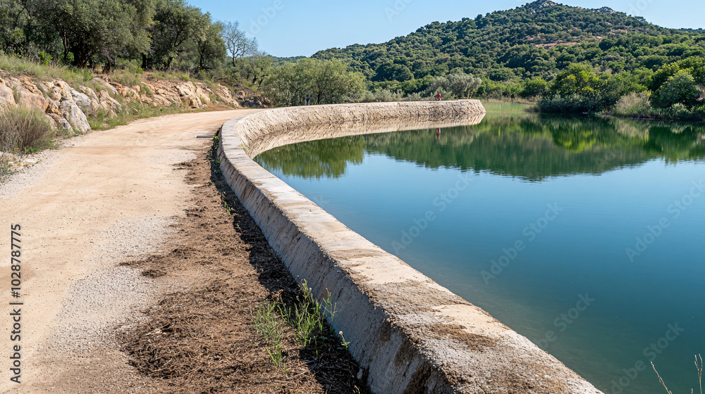 Fototapeta premium serene landscape featuring curved concrete path alongside calm body of water, surrounded by lush greenery and hills. tranquil scene invites relaxation and reflection