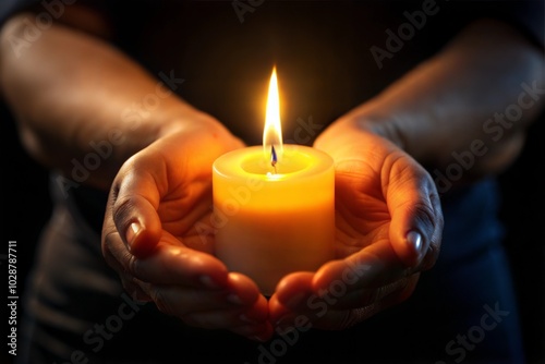 Hands holding lit candle symbolizing hope and comfort photo