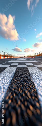 View of a racetracks checkered finish line under a bright blue sky during day...
