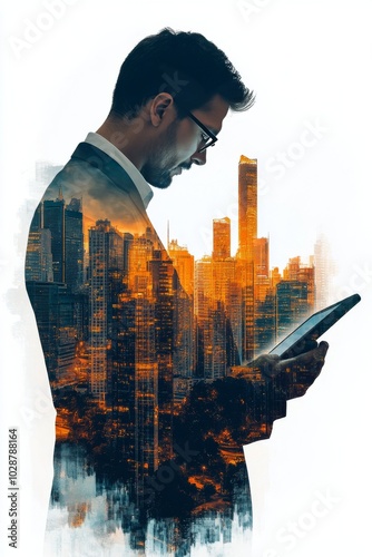 Business professional reviewing data with a cityscape overlay in a modern off...