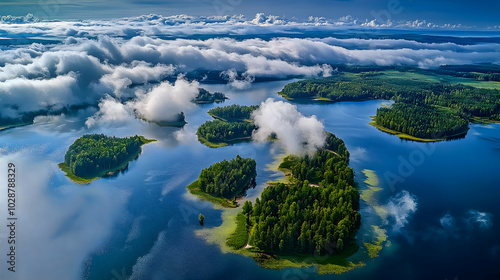 Aerial view of lush green islands surrounded by tranquil waters.